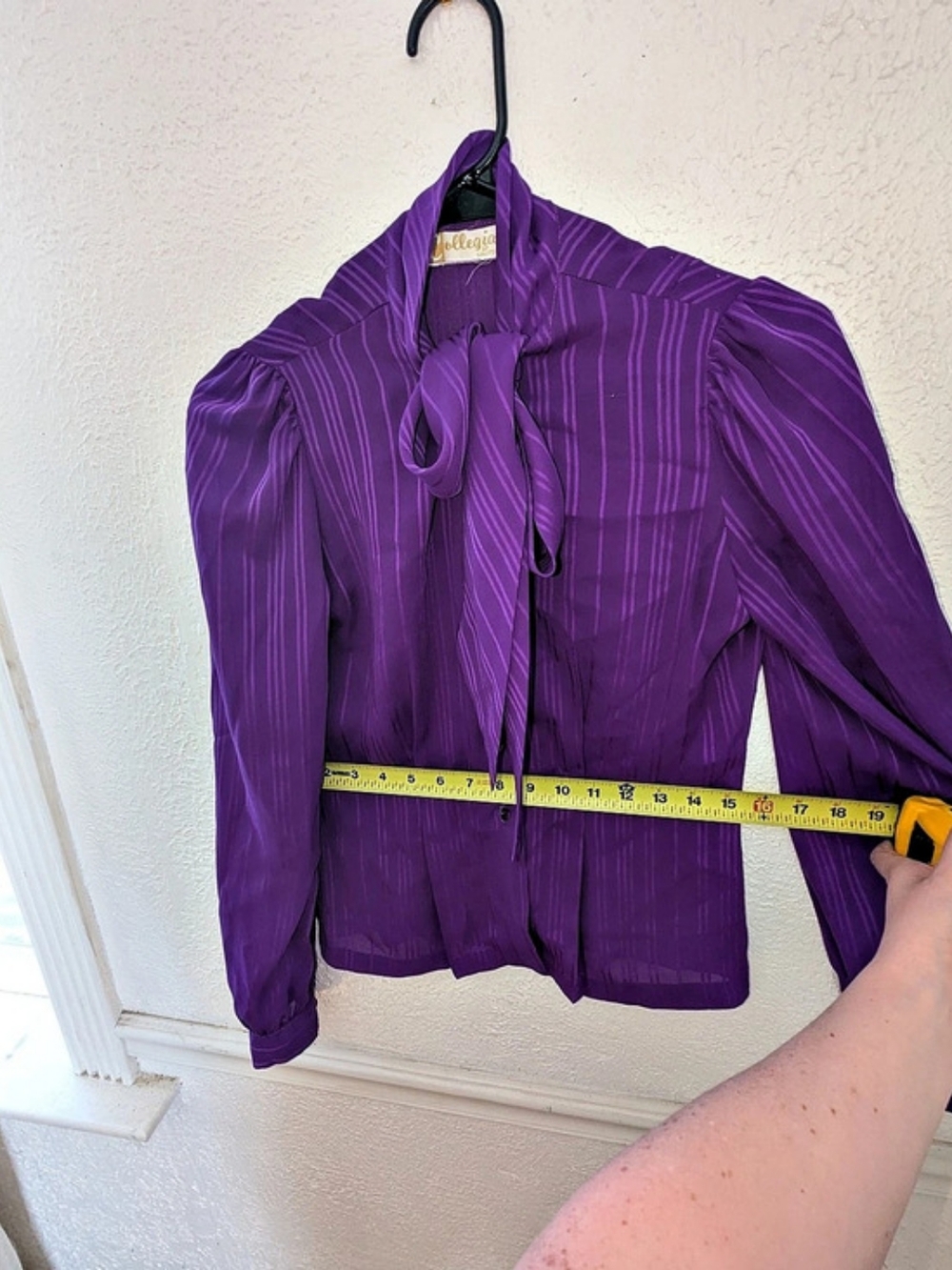 Collegian Purple Striped Tie Neck Blouse - Picture 4 of 6